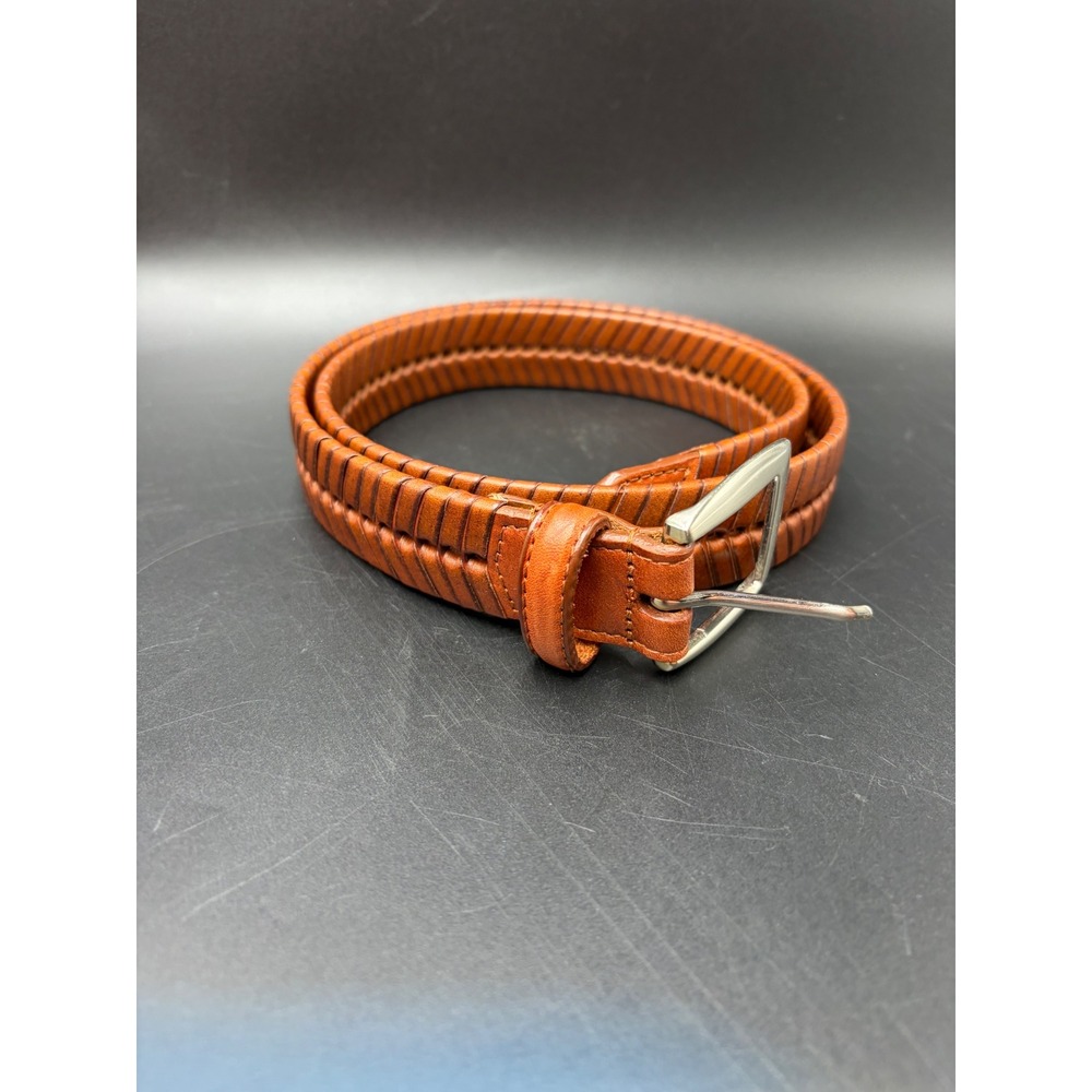 Genuine Leather Belt Small Brown Cognac Ribbed Striped Silver Tone Buckle 38in